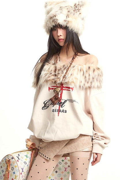 Vintage Apricot One-Shoulder Fur Collar Sweatshirt