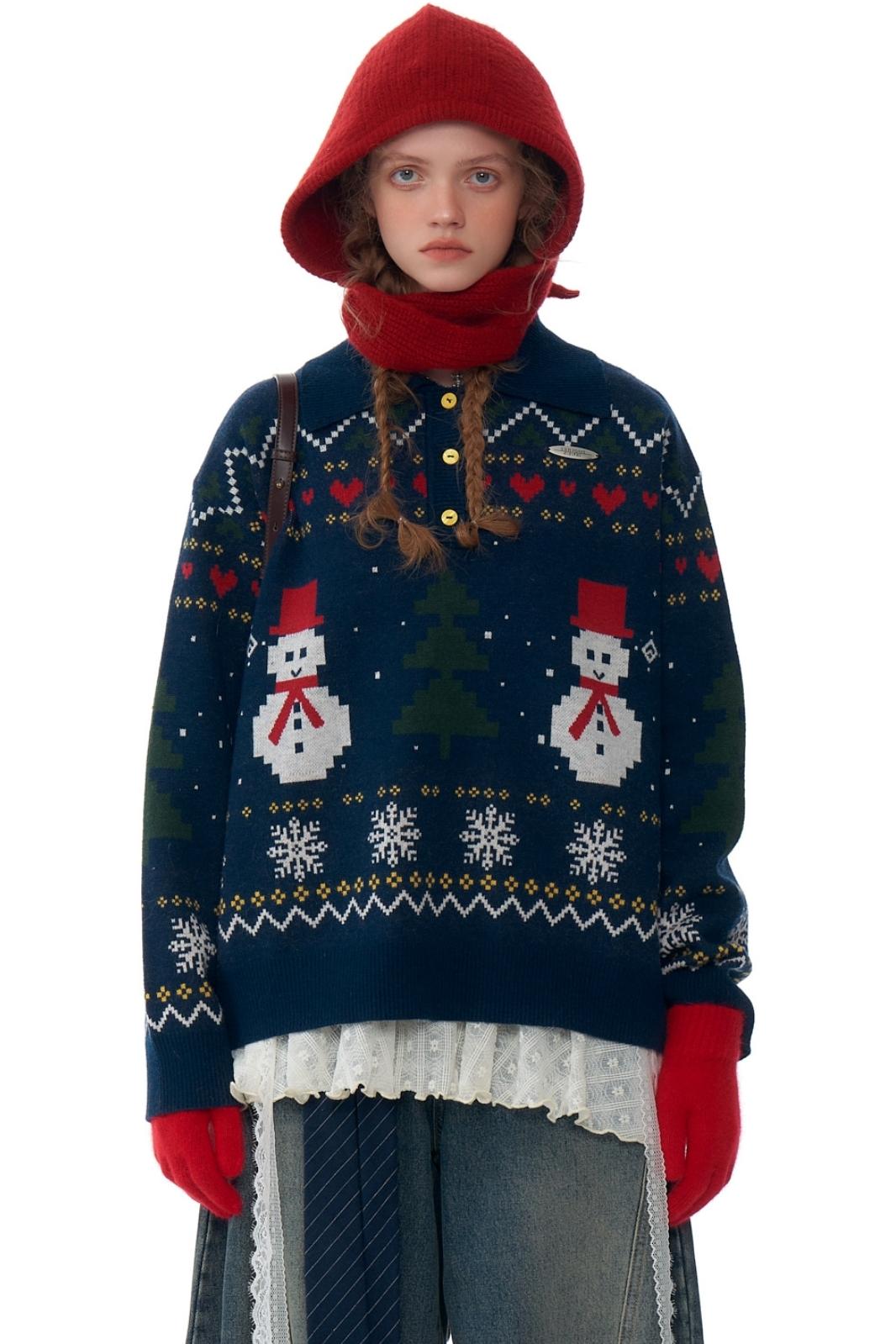 Retro Snowman Dark Blue Sweater