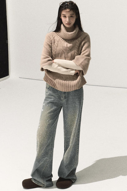 Wool Twist Knit Cape Sweater Top Skirt Set-Up