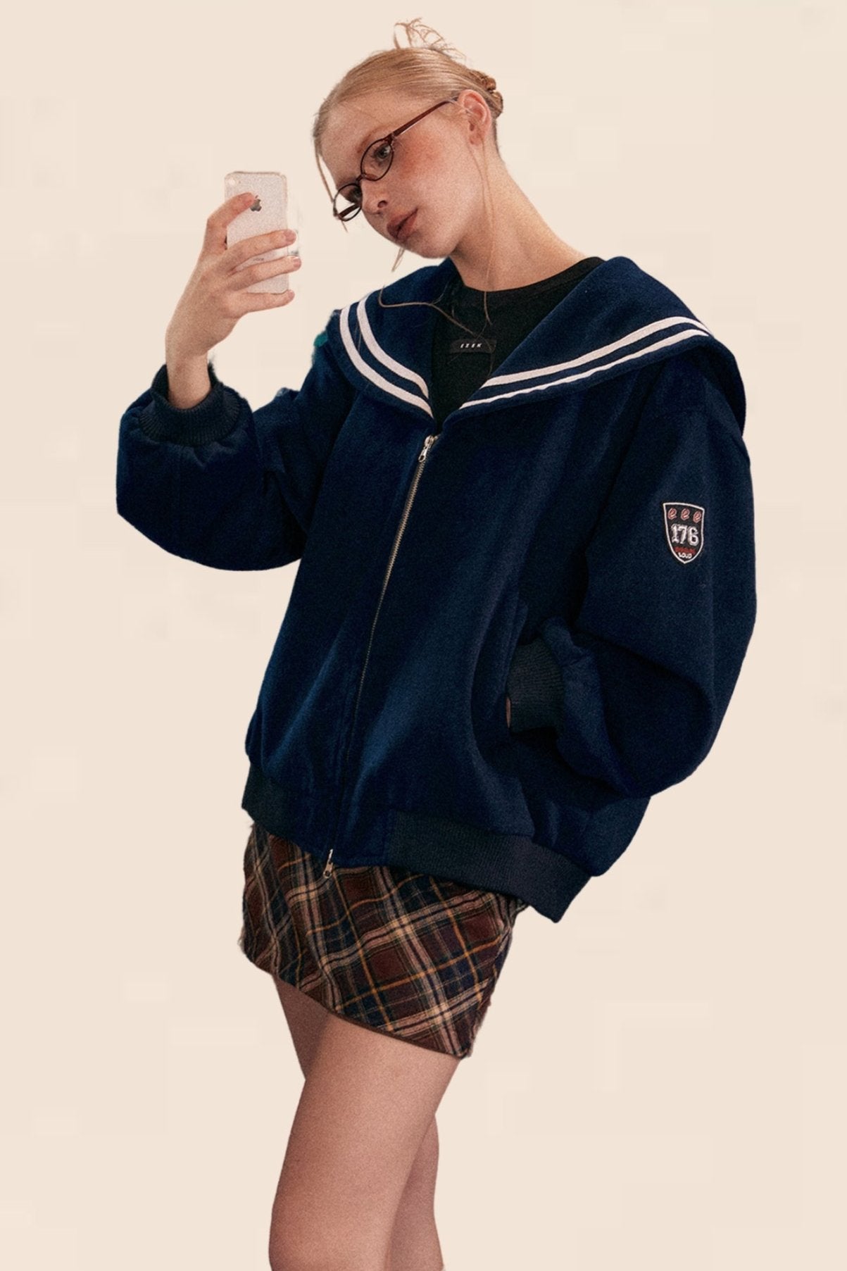 American Retro Navy Collalege Sweatshirt Set-UP