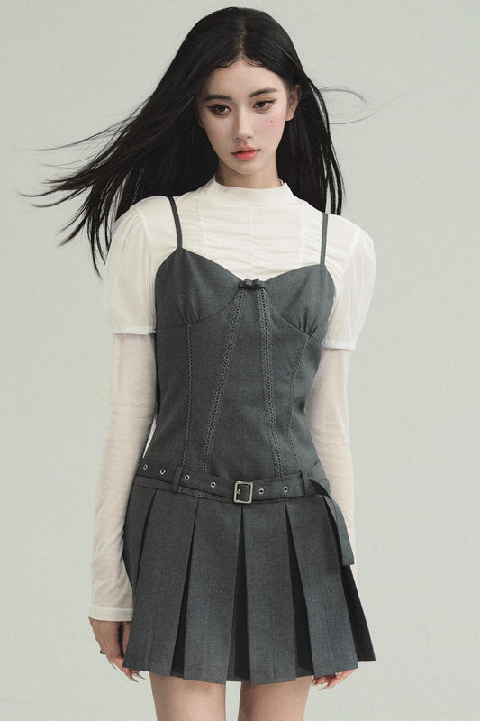 Pleated Waist Suspender Dress & Suit Set-UP