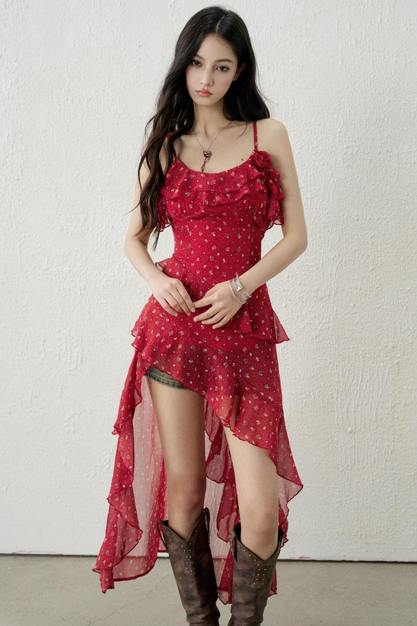Red Floral Irregular Dress