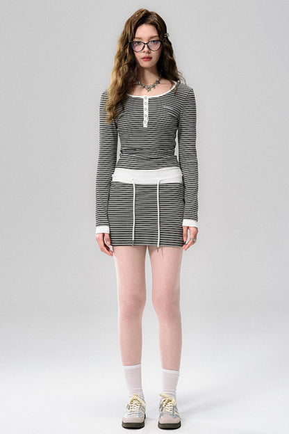 Striped Elegance Black & White Long Sleeve Dress Set-Up