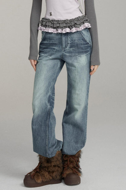 Loose Straight Washed Denim Pants