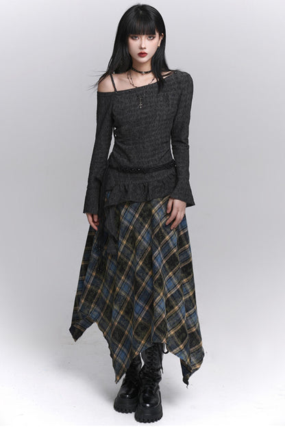 Beautiful Blue Plaid A-Line Skirt & Belt Set