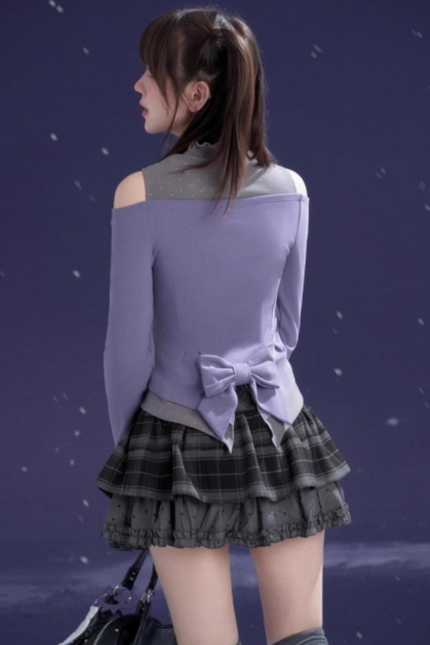 Gray-Purple Bowknot Off-Shoulder Top