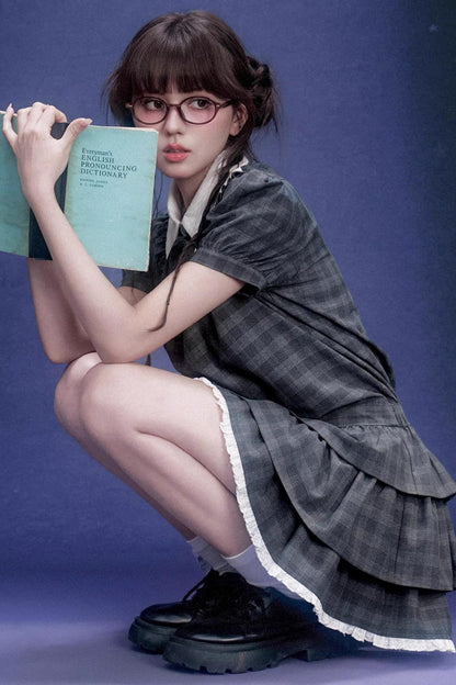 Gray Plaid Cake Dress Set