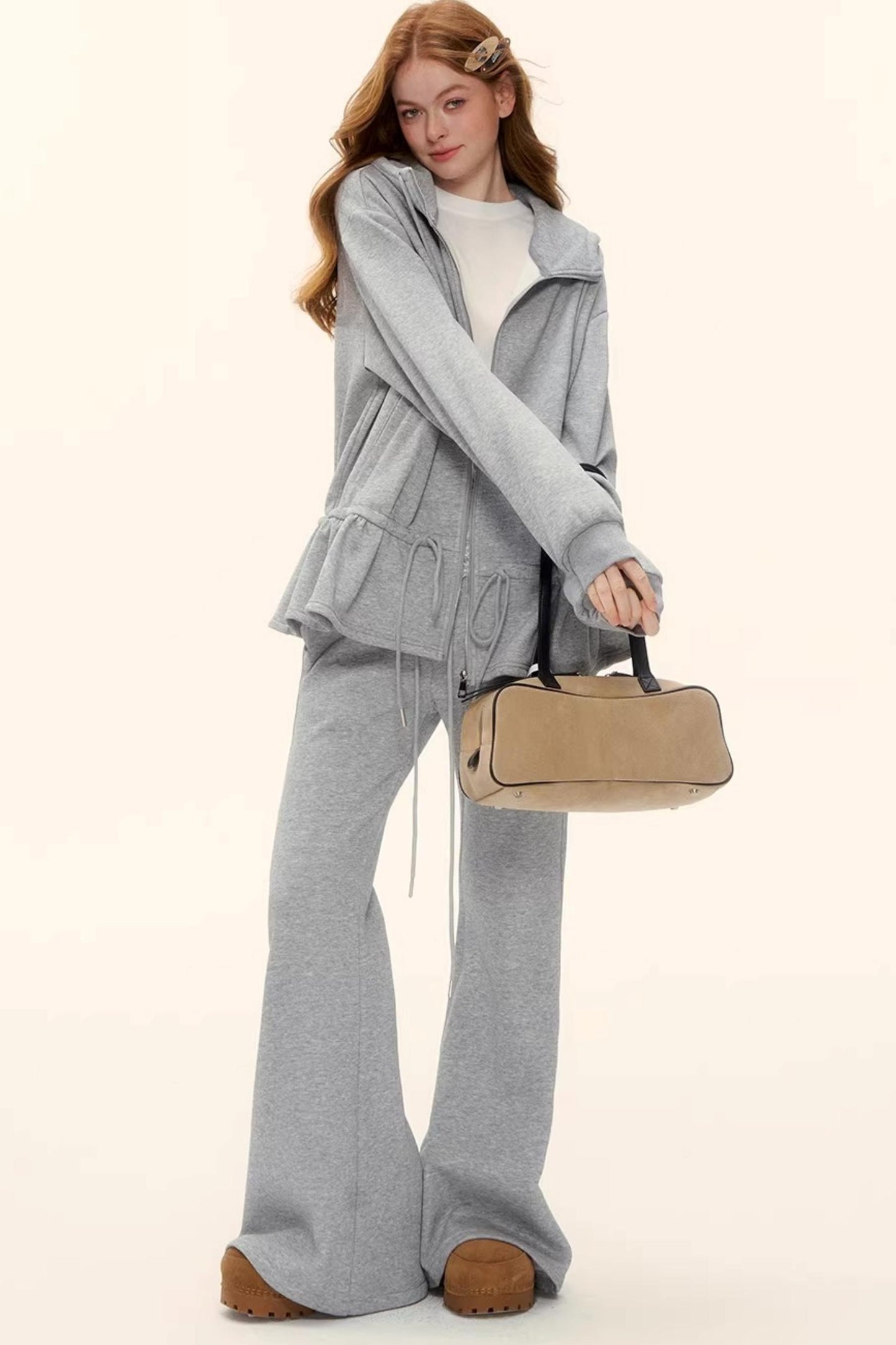 Hooded Drawstring Fleece Jacket Set-Up