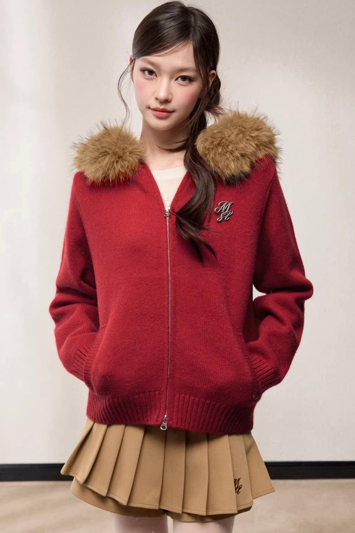 Fur Collar Hooded Knit Cardigan