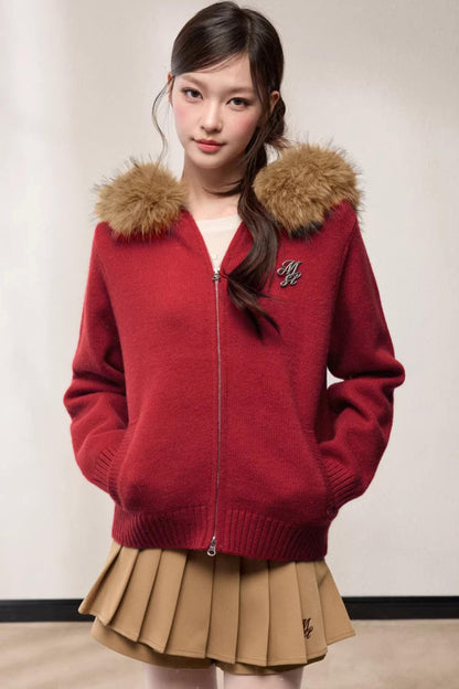 Fur Collar Hooded Knit Cardigan