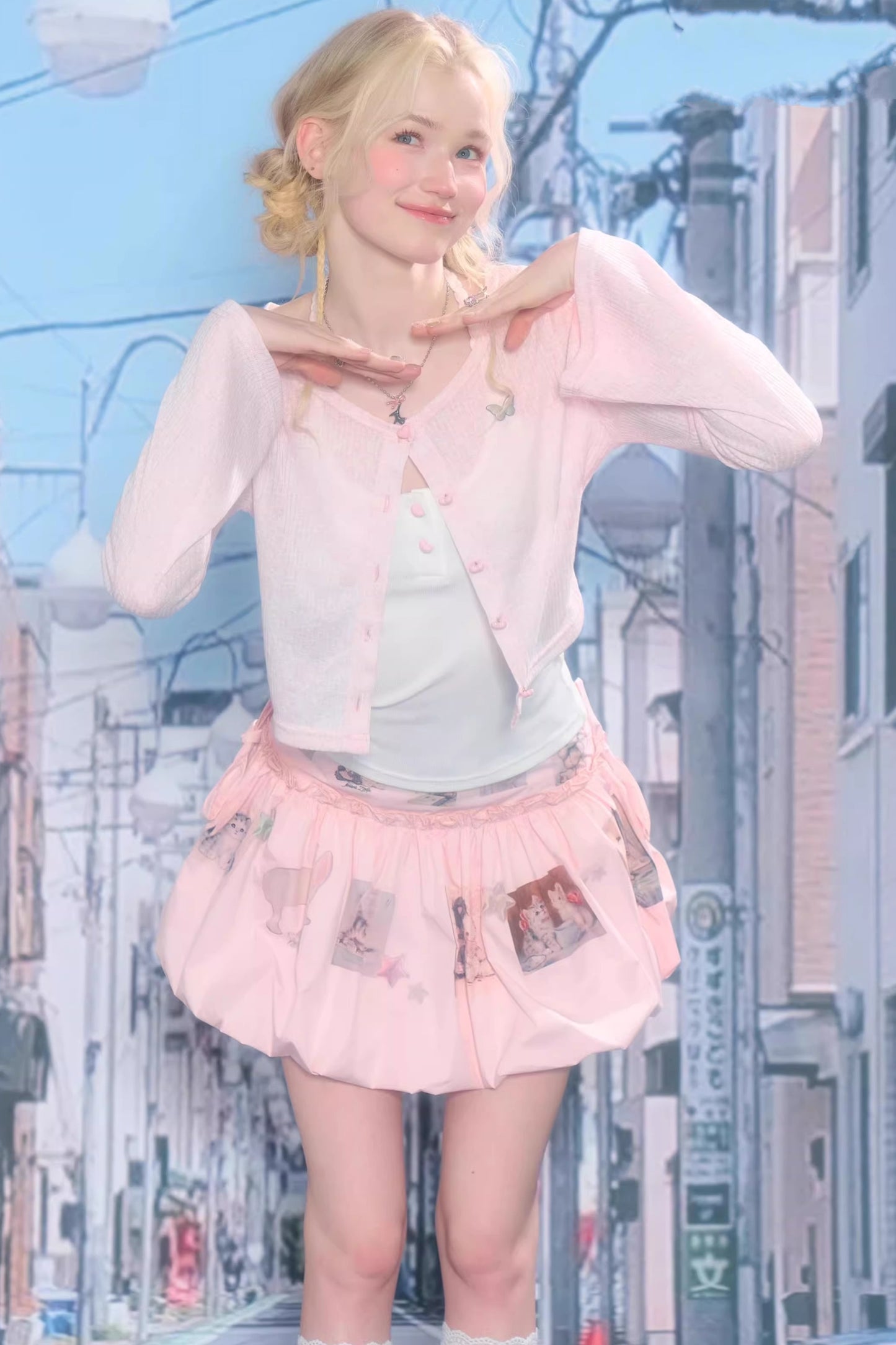 Bell-Sleeved Pink Knitted Cardigan