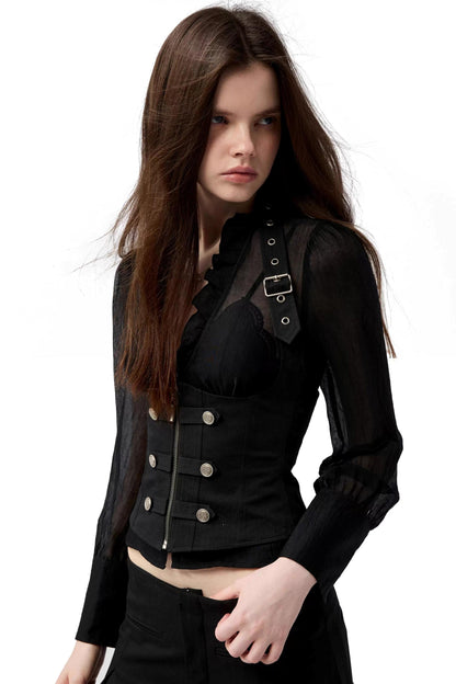 Dark Girl Ruffled Shirt Slim Set-Up