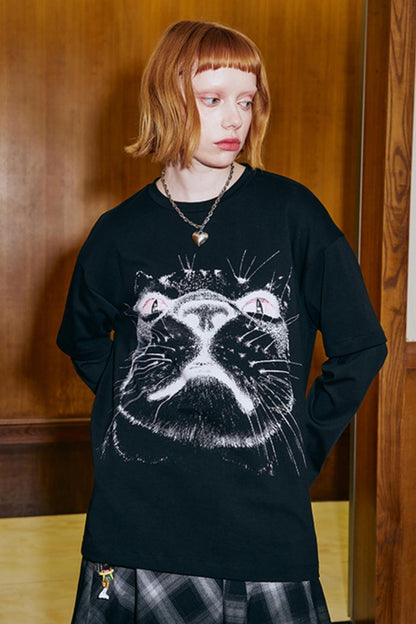 DIDDIMODA niedliche Katze Katze Kopf drucken T-Shirt einfache Silhouette gefälschte zwei lange Ärmel lose Top für Frauen