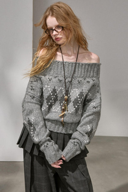 Thick Knit Argyle Off-Shoulder Sweater