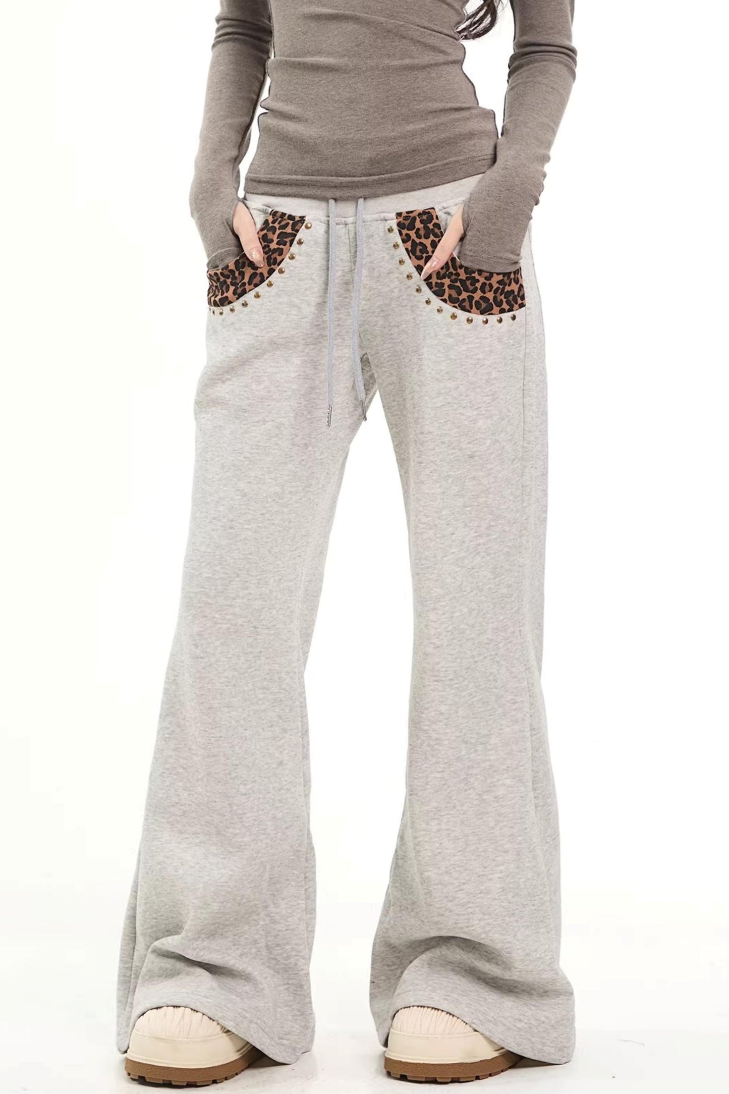 Leopard Print Patchwork Flared Pants