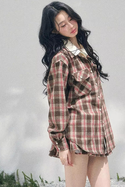 British Cafe Plaid Shirt and Short Skirt Set-Up