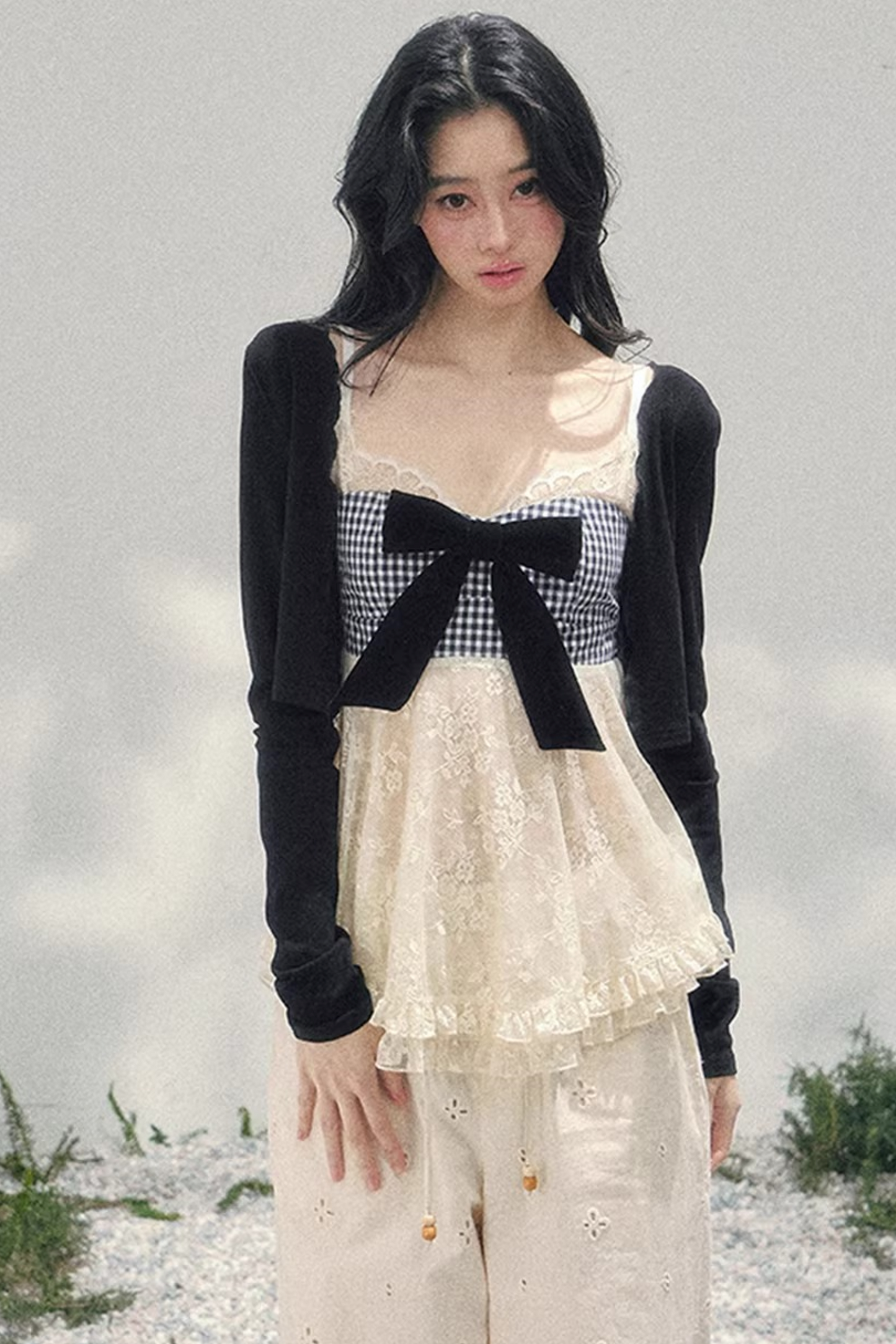 Bow Lace Plaid Top Set-Up