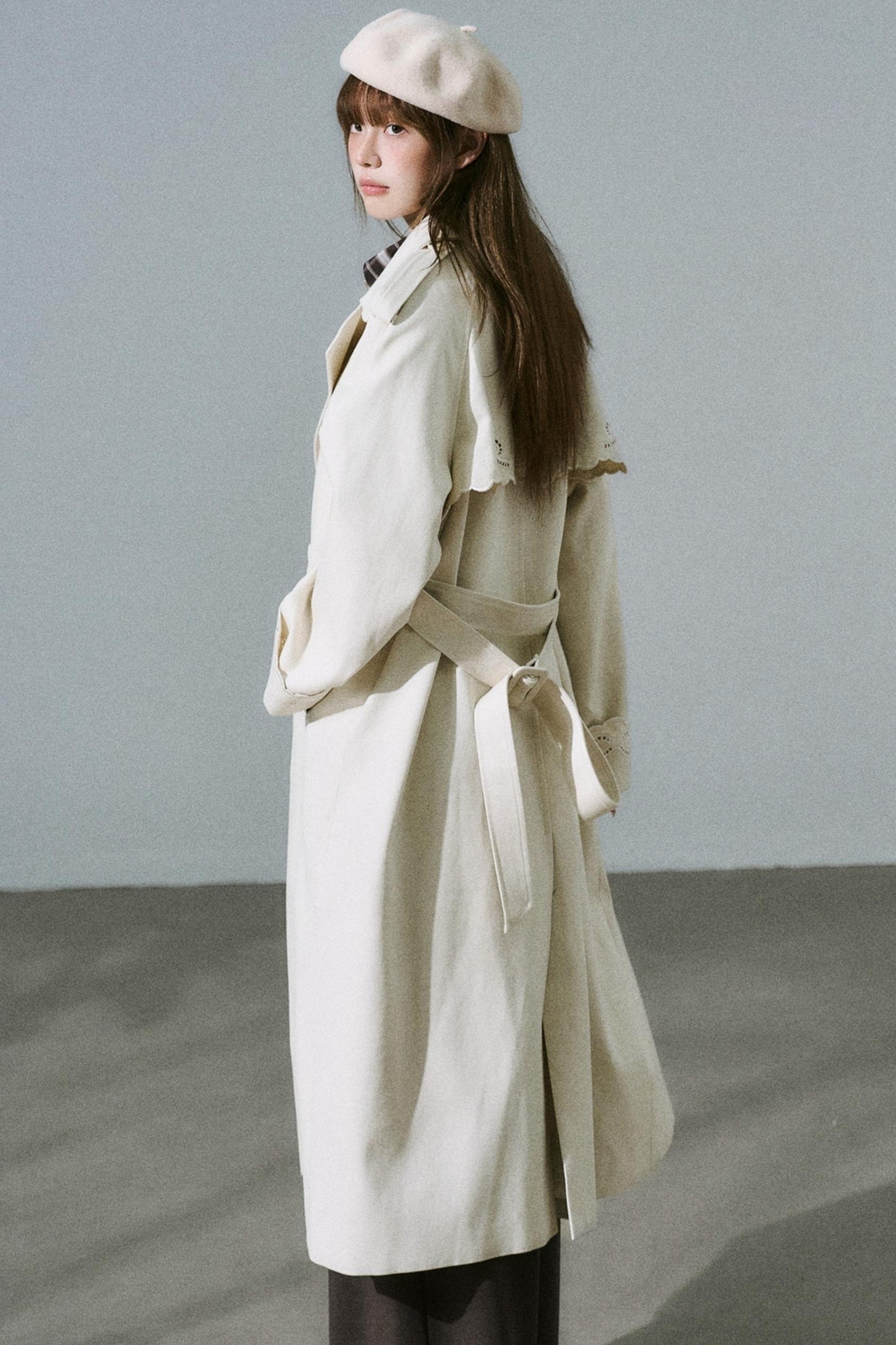 Creamy Hollow Flower Trench Coat