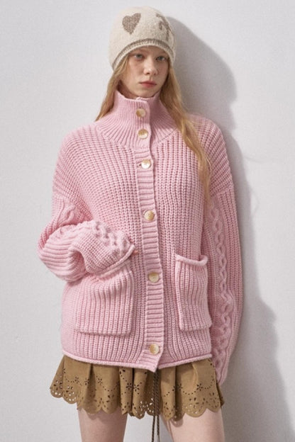 Thick Cable Knit Turtleneck Cardigan