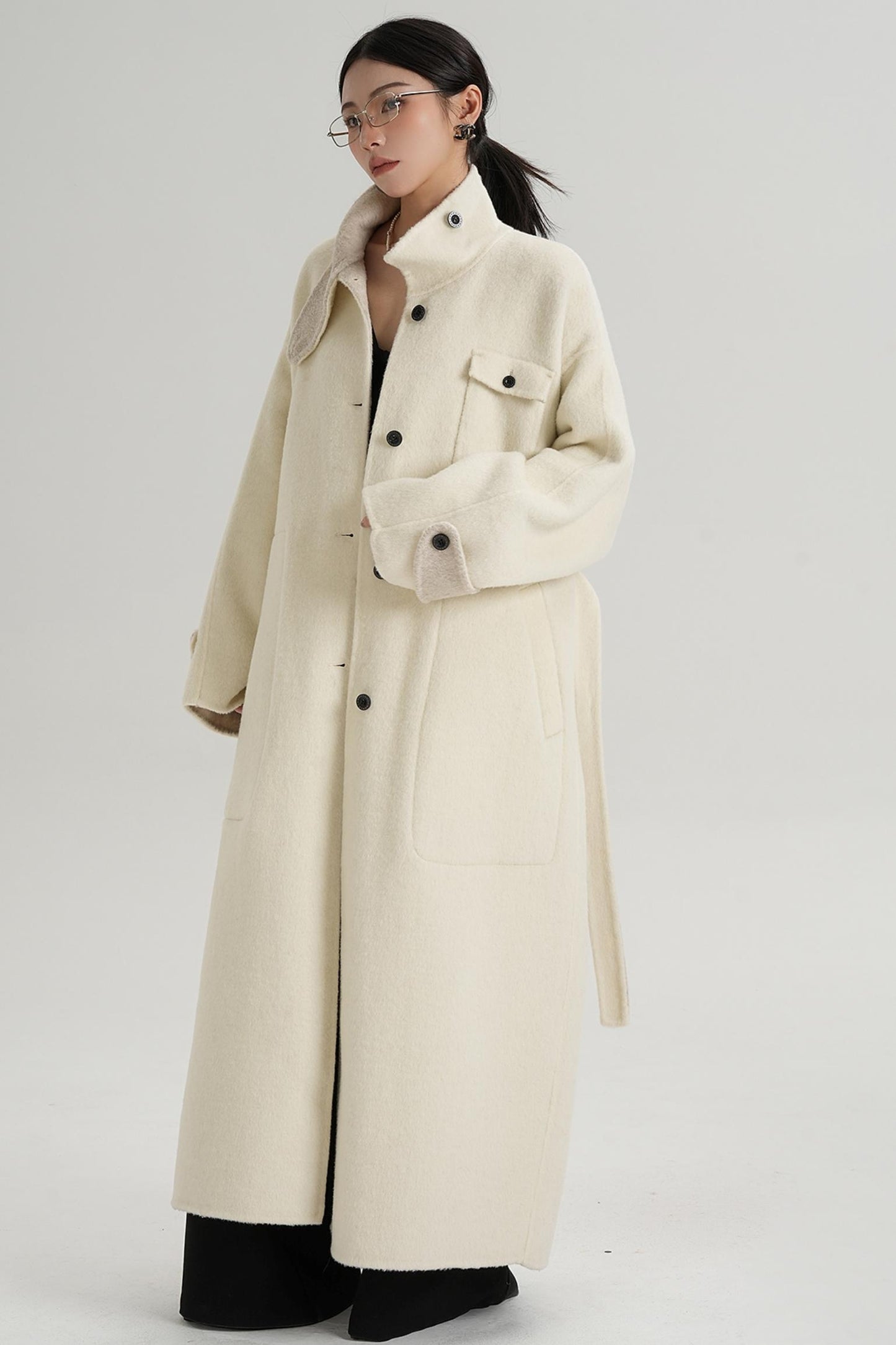 Temperament Design Color-Blocking Woolen Coat