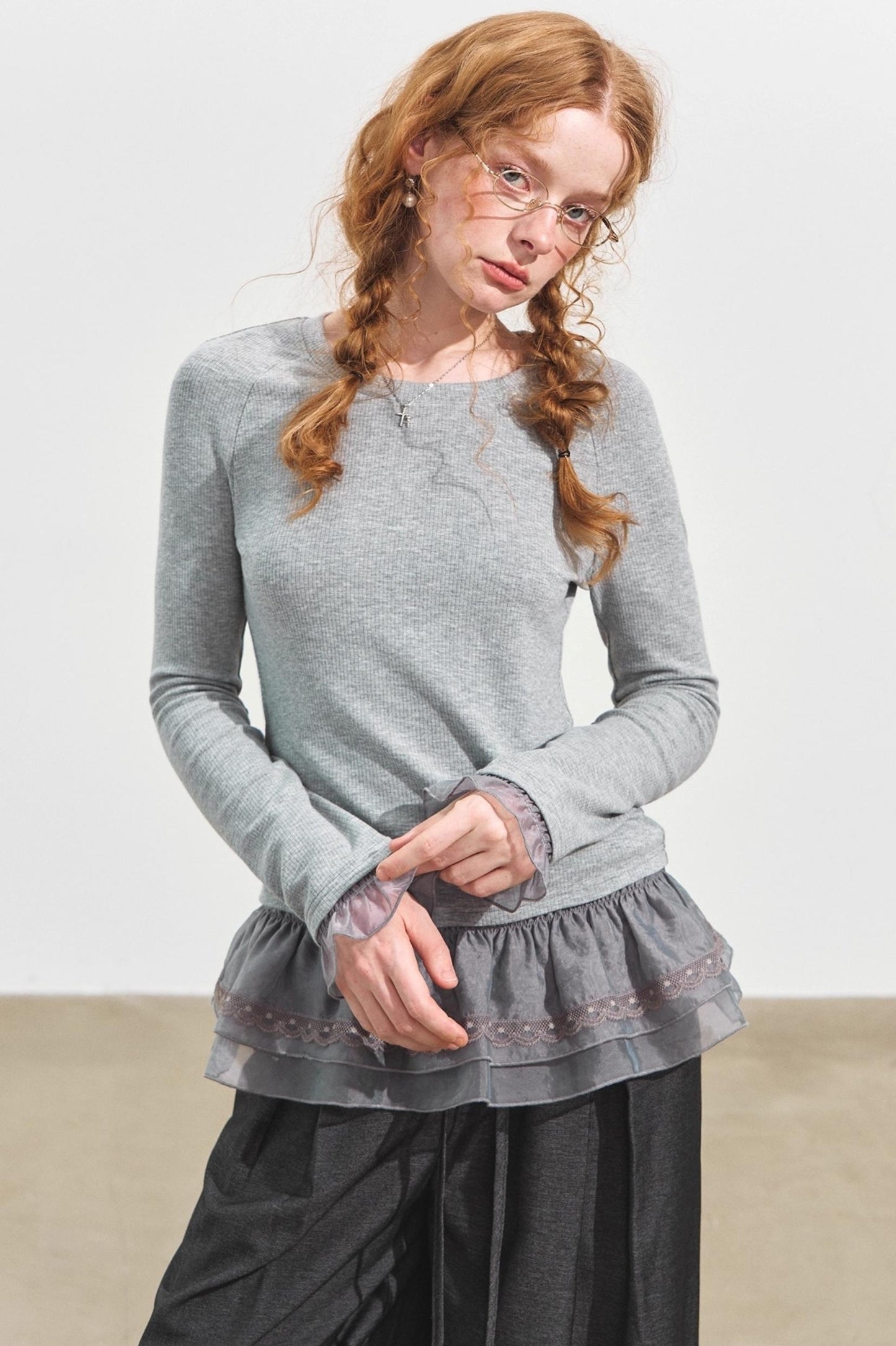 Double-Lace Raglan Sleeve Fleece Top