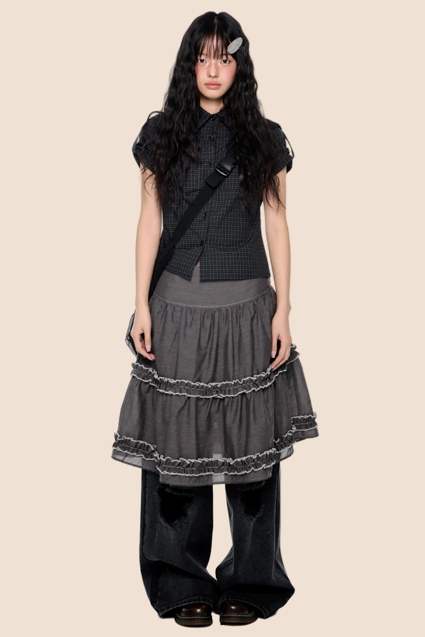 Plaid Retro Short Blouse Set-Up