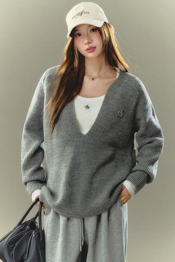 게으른 패션 V넥 니트 탑 