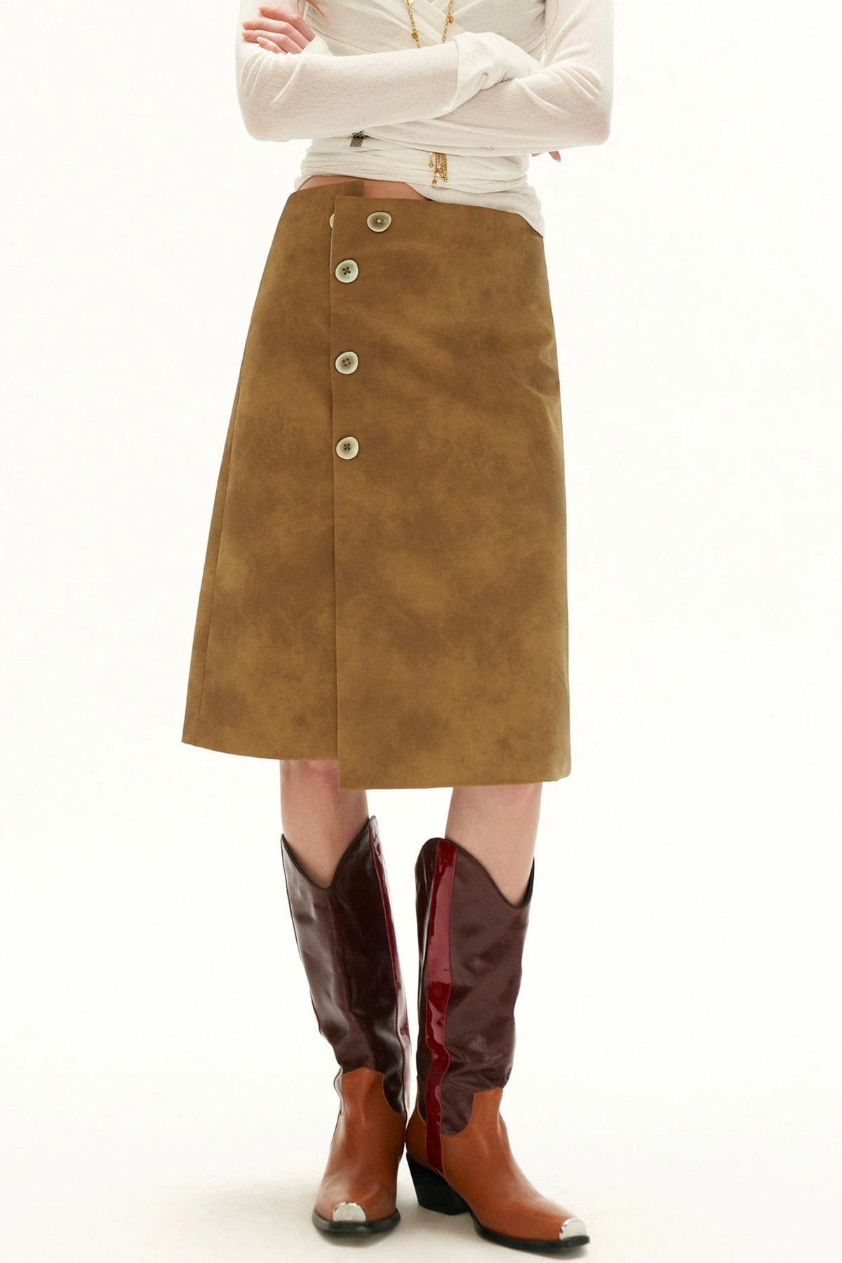 Irregular Waist Leather-Effect Button Skirt