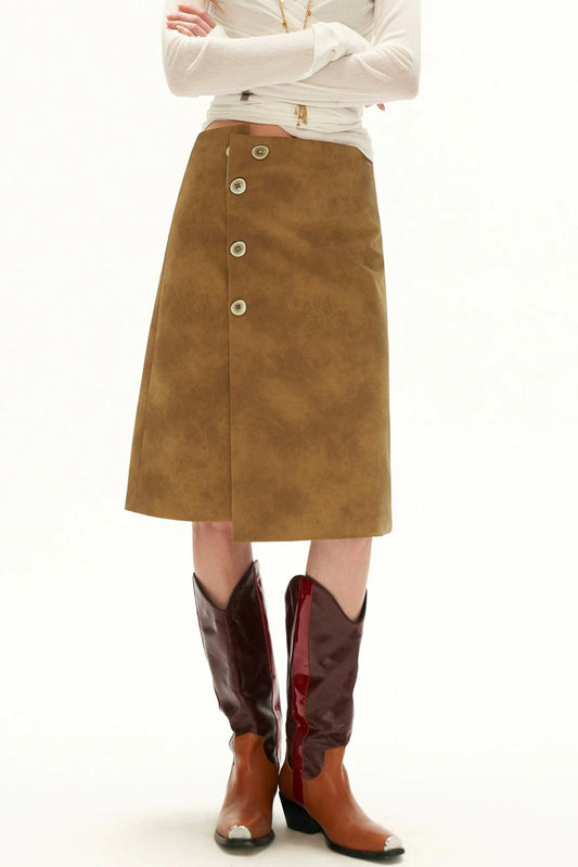 Irregular Waist Leather-Effect Button Skirt