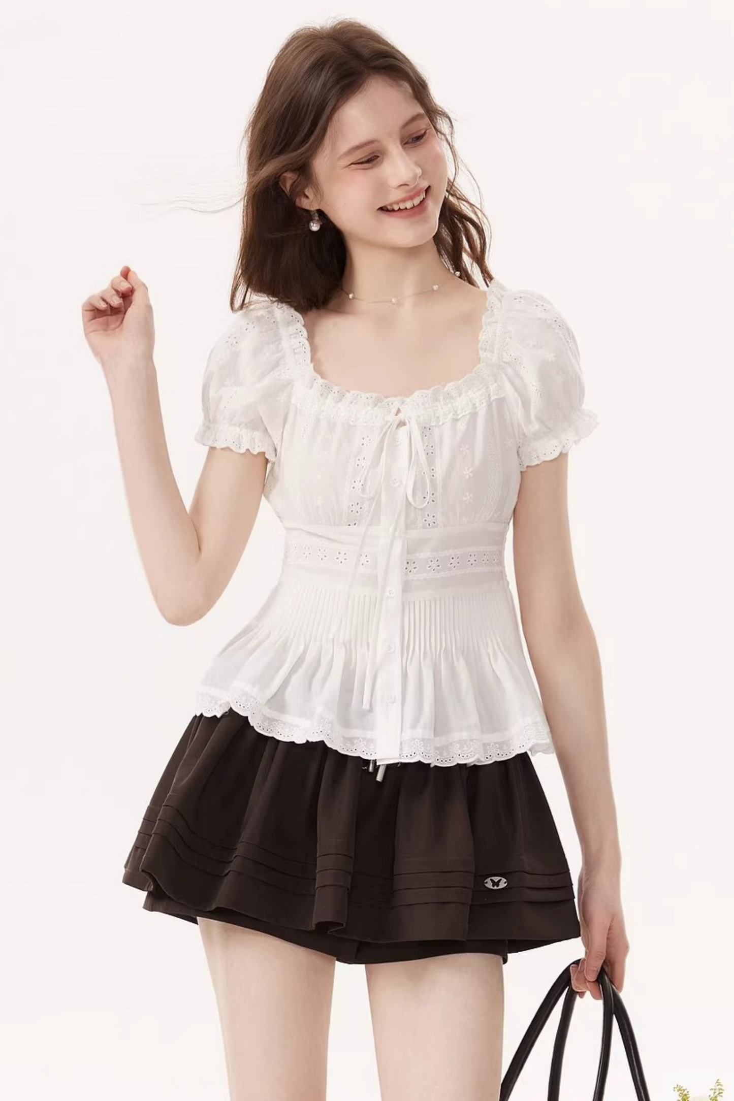 White Ruched Square-Neck Blouse