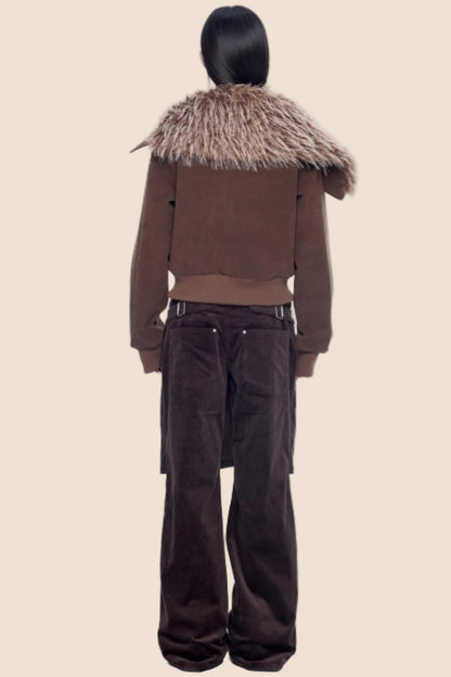 Faux Suede Fur Collar Coat