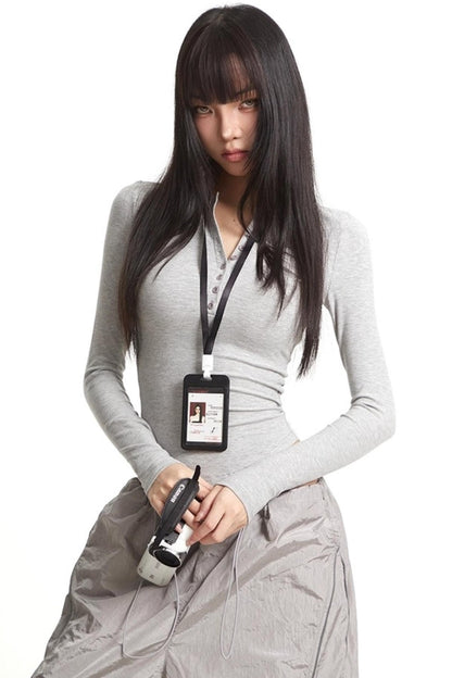 Button Knit Crew Neck T-Shirt