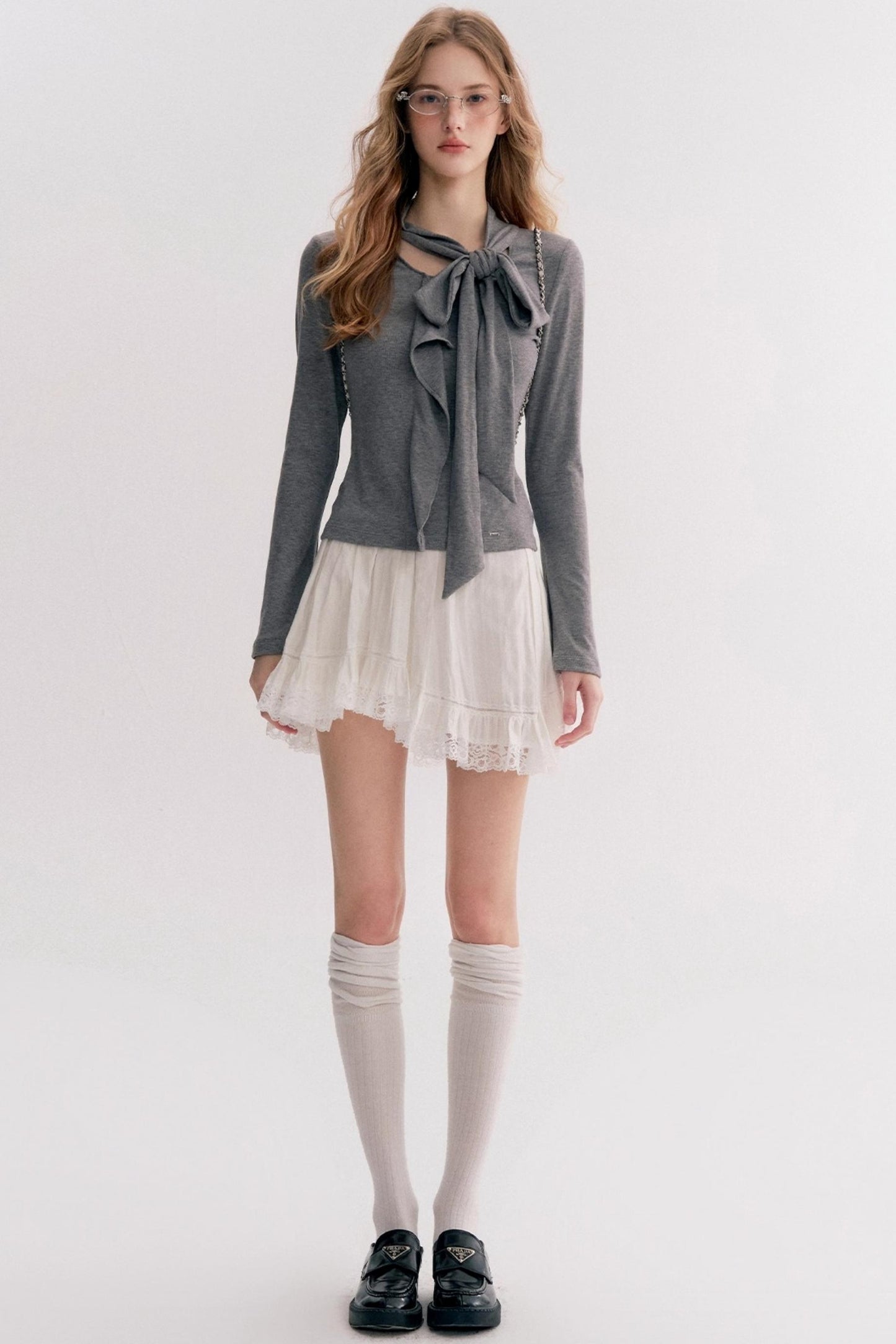 Romantic French Streamer Bow V-Neck Slim T-Shirt