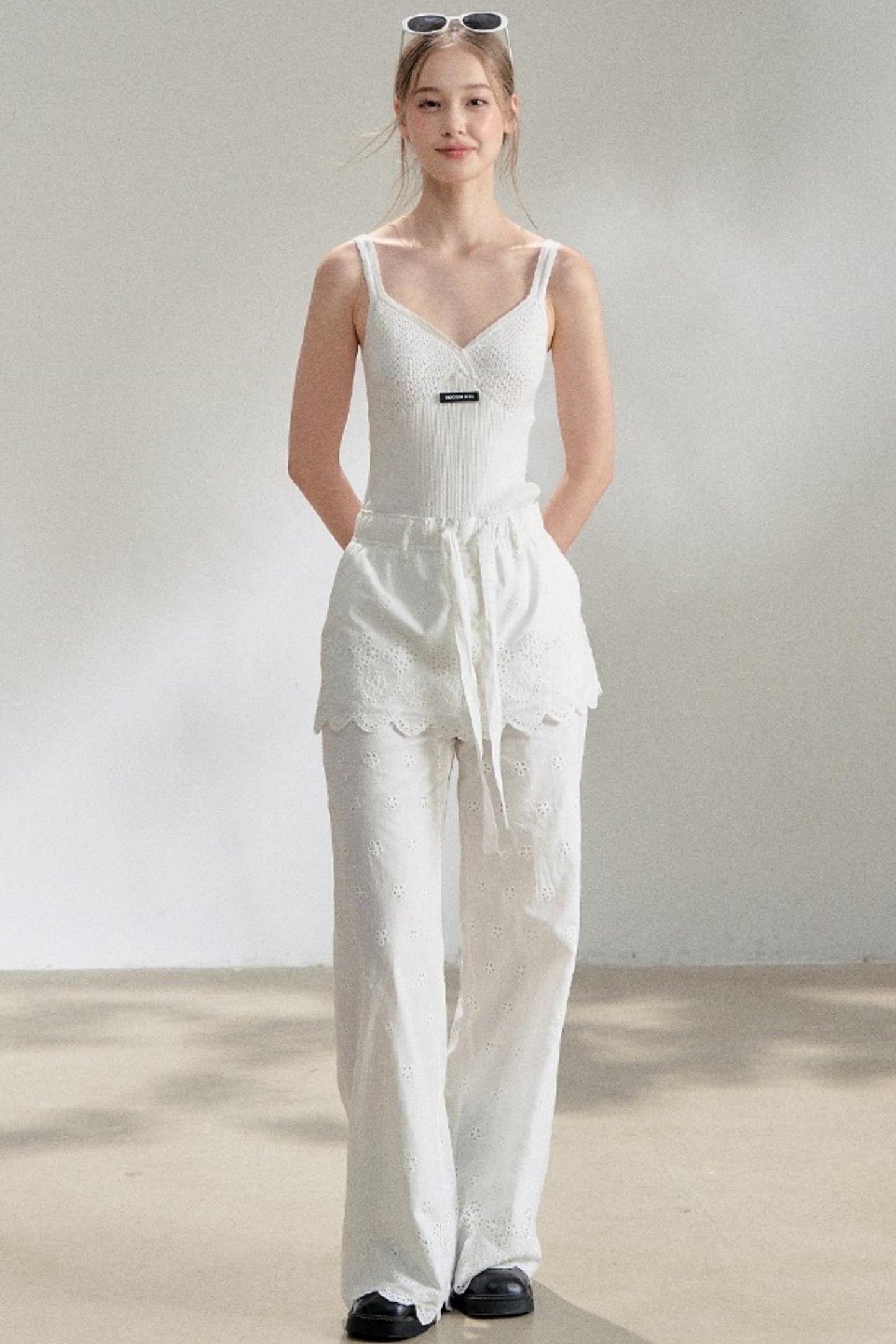 Textured White V-Neck Knitted Suspender Top