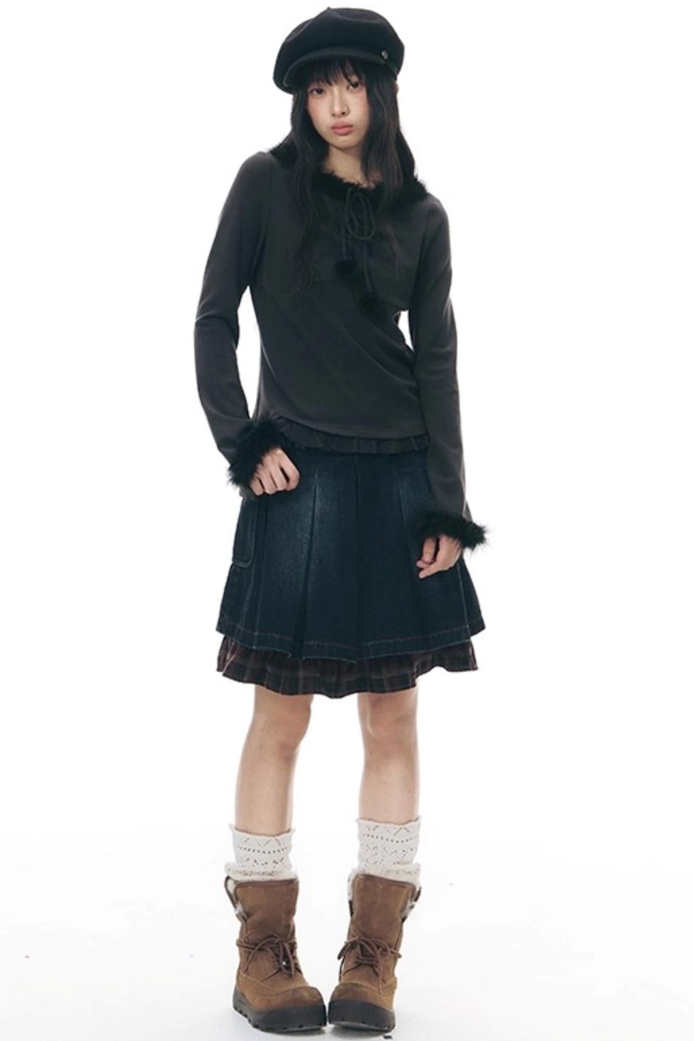 Patchwork Red Plaid Denim Skirt