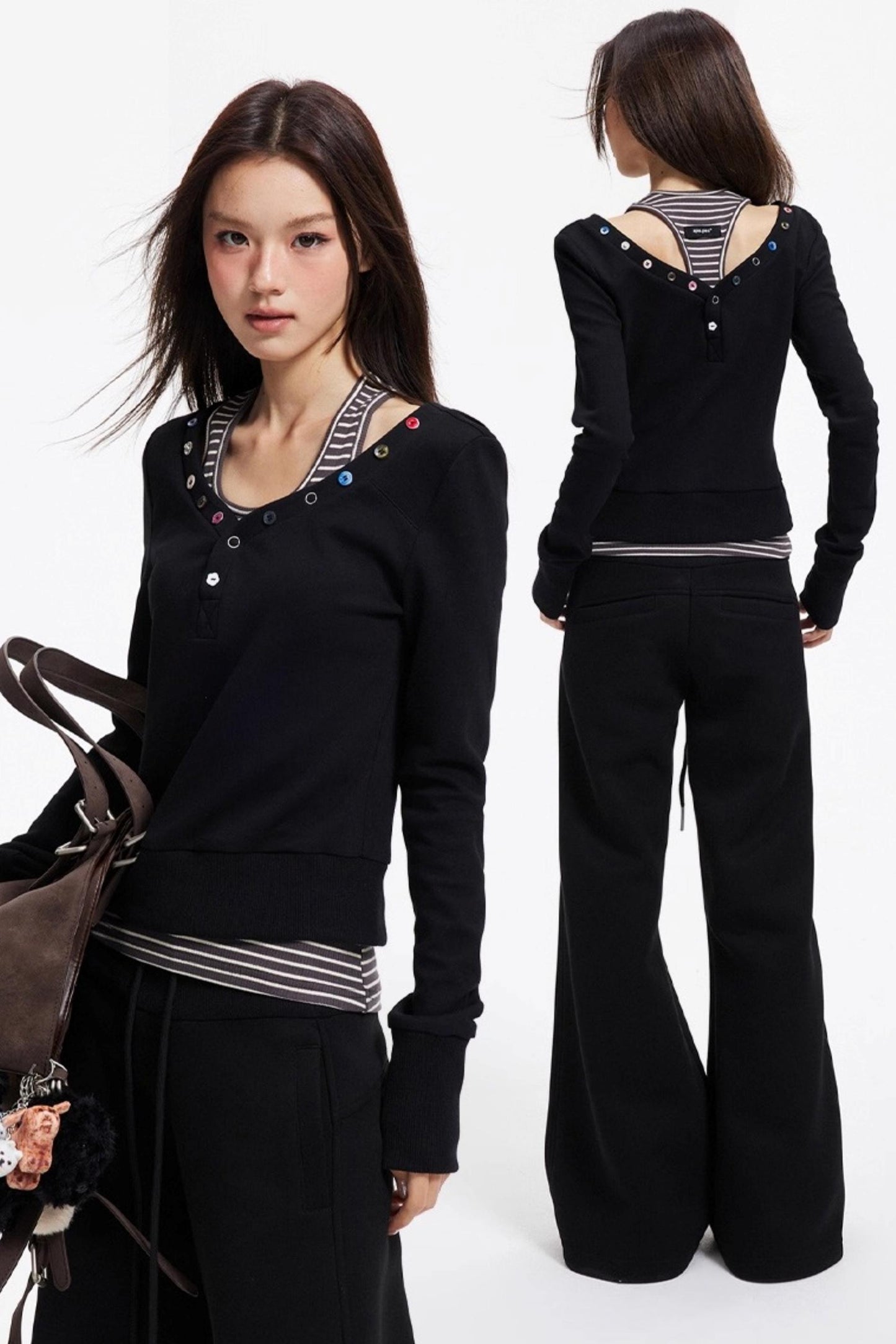 Big V-Neck Knitted Sweater Set-Up