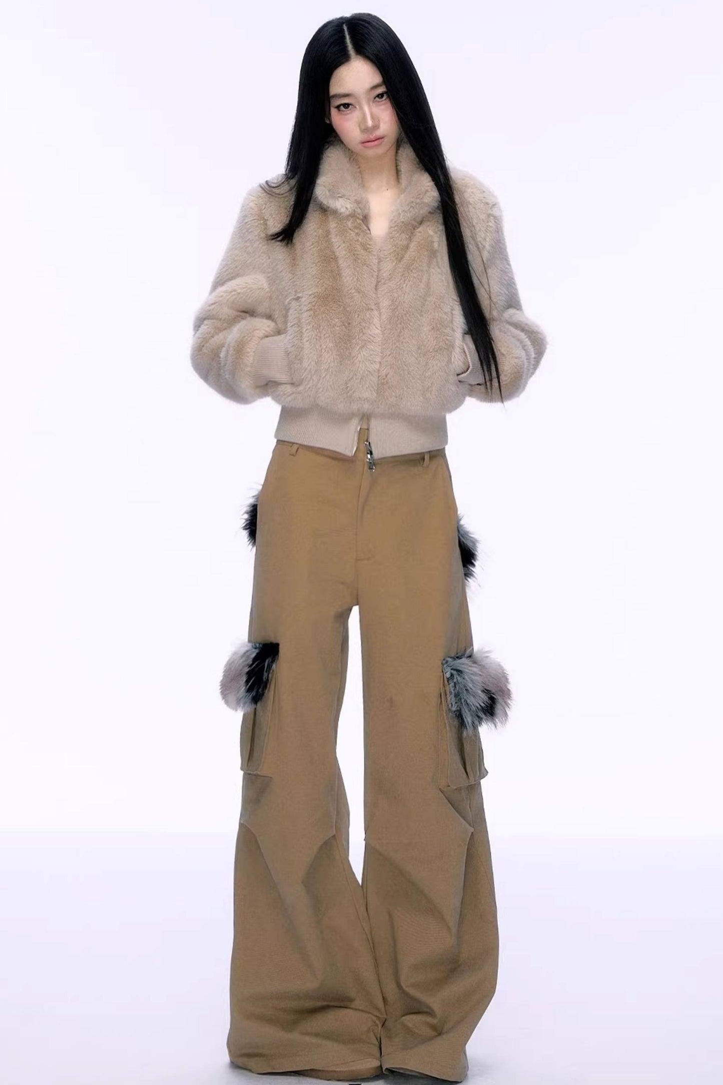 우아한 페이크 퍼 패치워크 코트