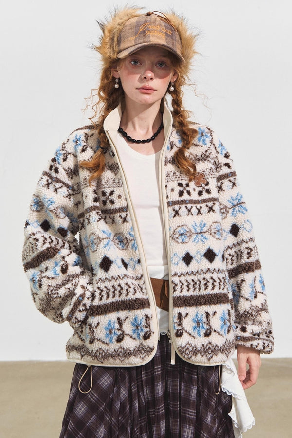 Fleece Jacquard Stand-Up Collar Coat