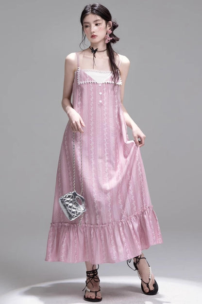 Peach Blossom Lace Suspenders Dress