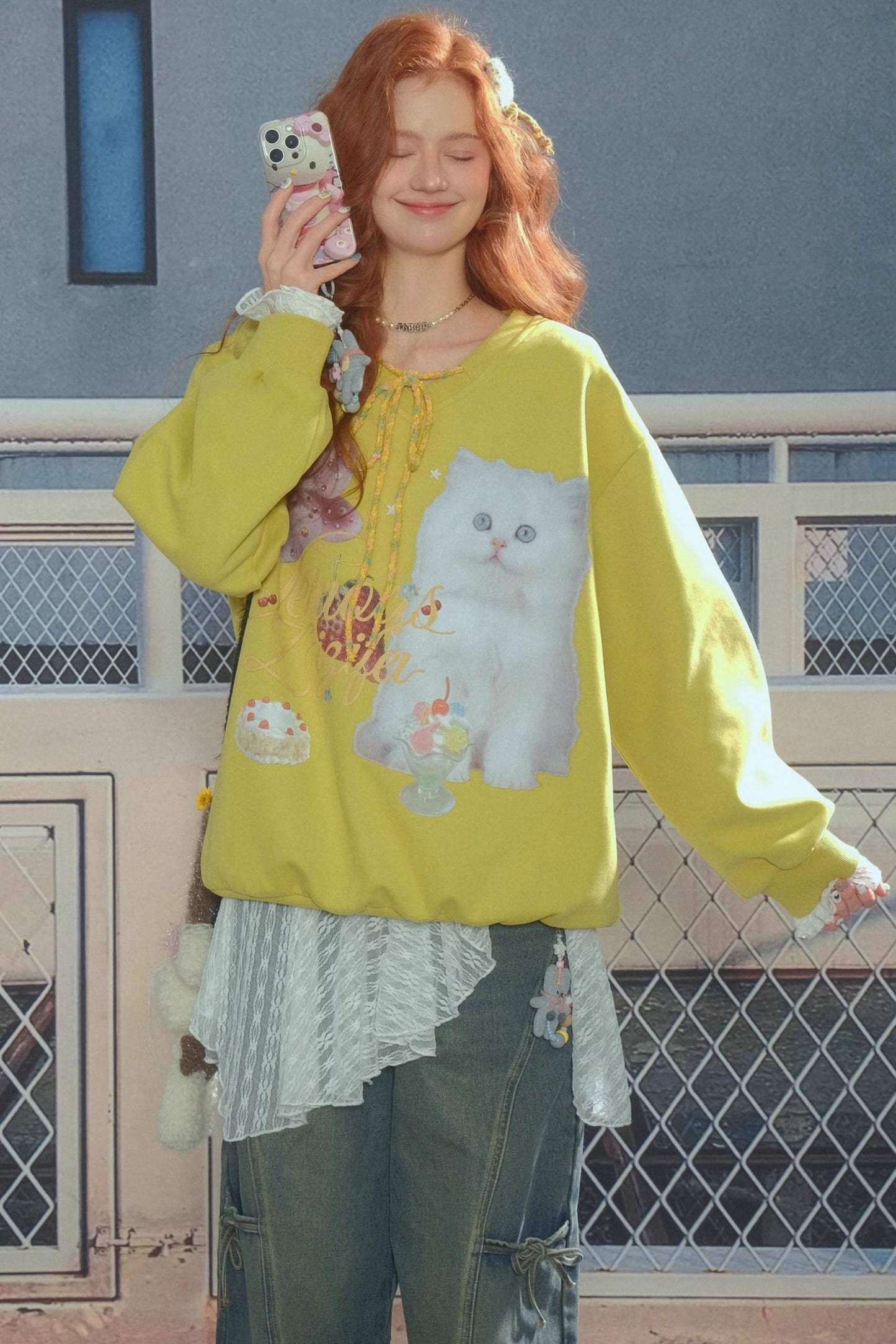 American Retro Cat Print Sweatshirt