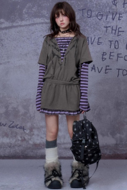 Purple Spirit Fake Two Hooded Dress