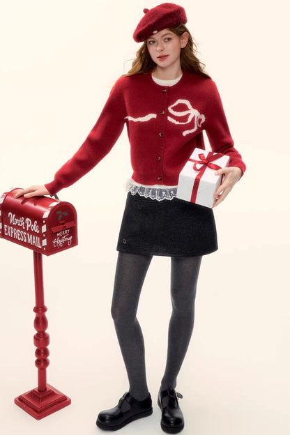 Bow Jacquard Cardigan Sweater