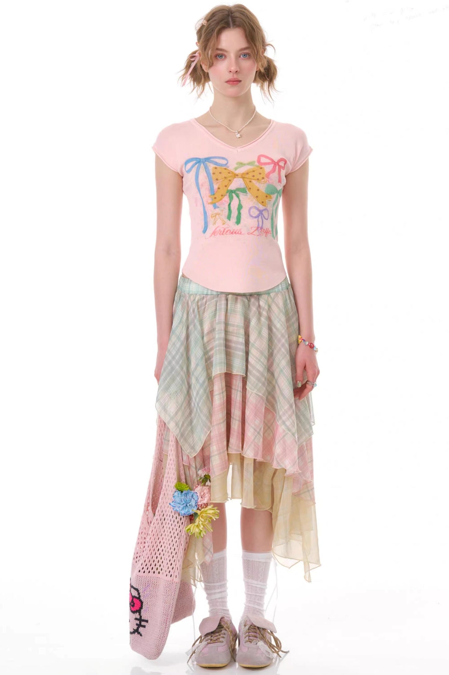 Cherry Blossom Plaid Chiffon Skirt