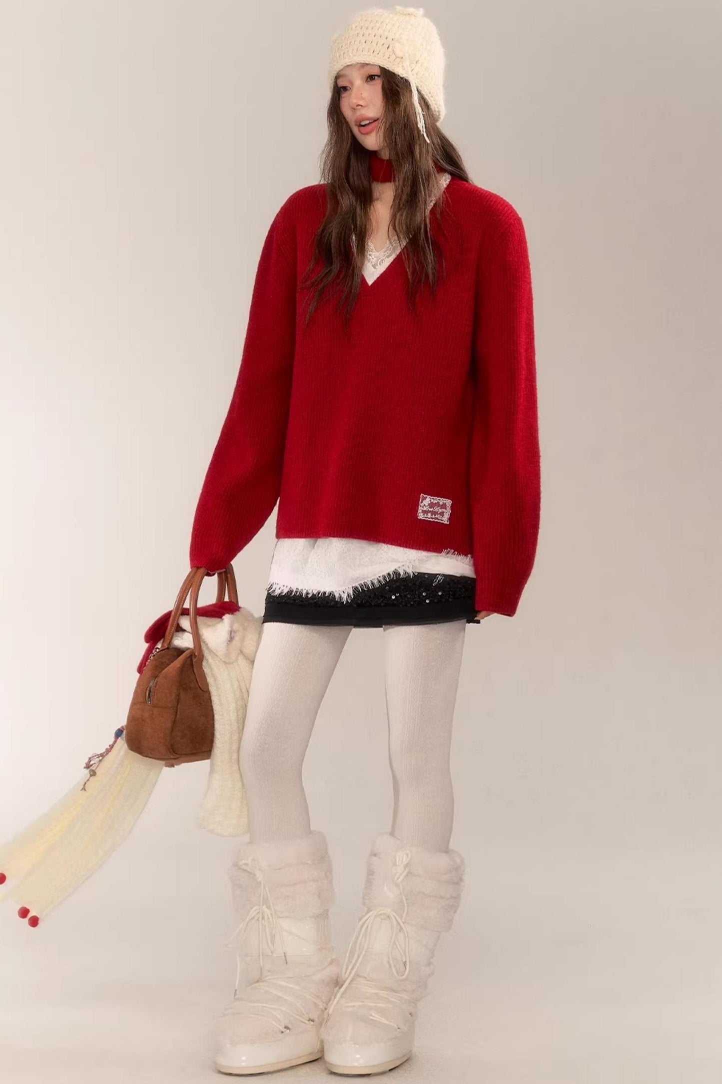 Asgony Red Retro Knit Sweater