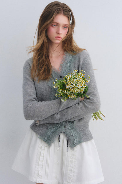 Wool Lace V-Neck Knit Top