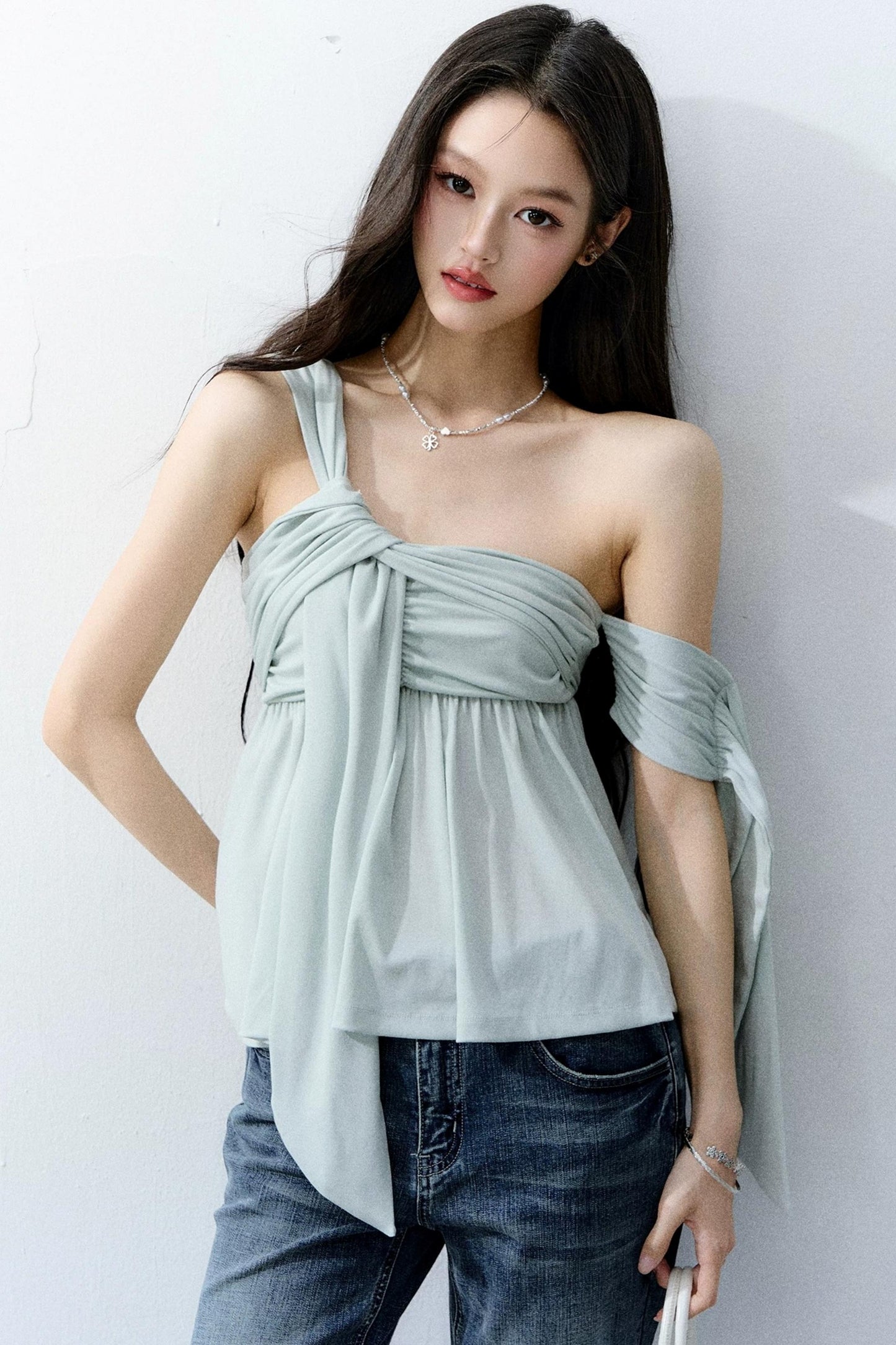 Island Green Asymmetrical Off-Shoulder Top Set-Up