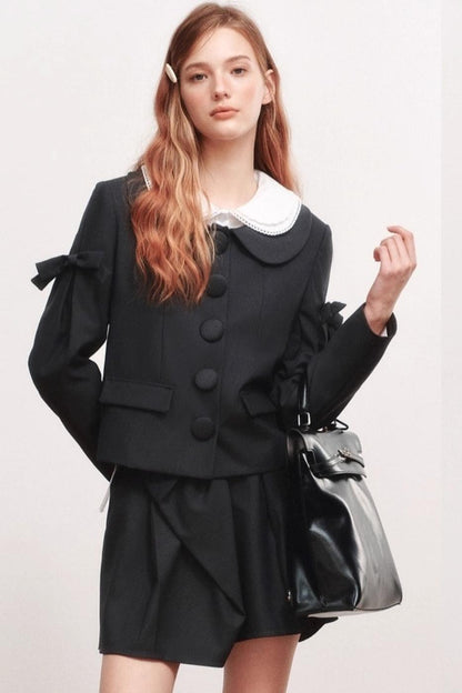 Bow Wool Long Sleeve Trench Coat