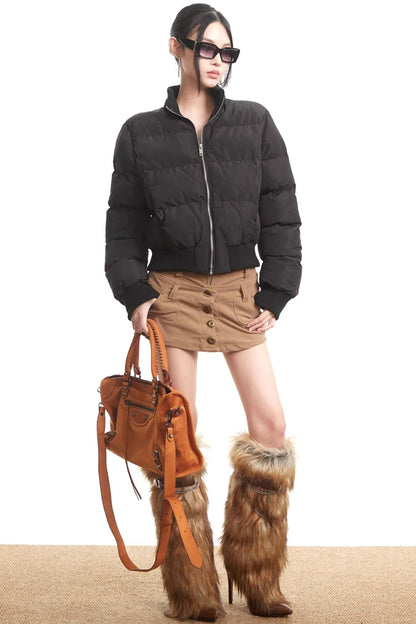 Printed Short Fur Collar Down Jacket