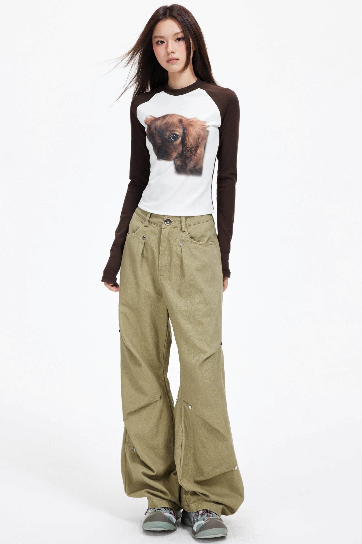 Puppy Print Raglan Slimming Knit Top