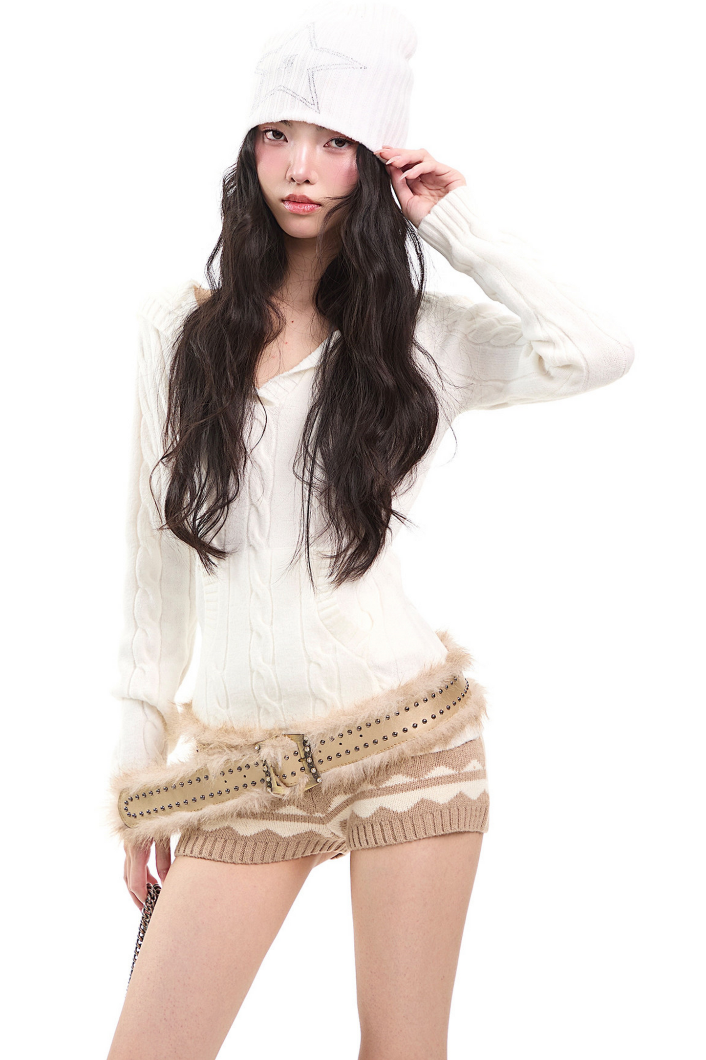 Retro V Neck Hooded Knitwear Top